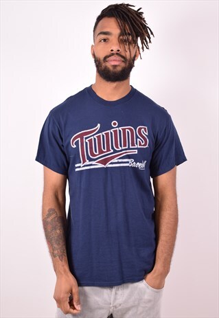 MENS VINTAGE TWINS T-SHIRT TOP MEDIUM NAVY BLUE 90S