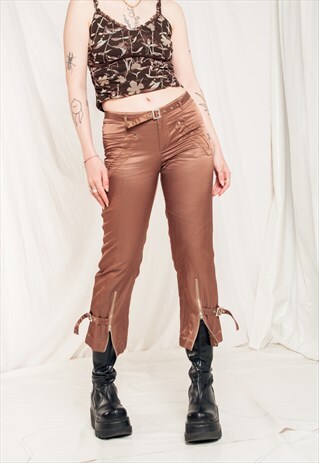 VINTAGE CARGO TROUSERS Y2K UTILITY PANTS IN BROWN SATIN