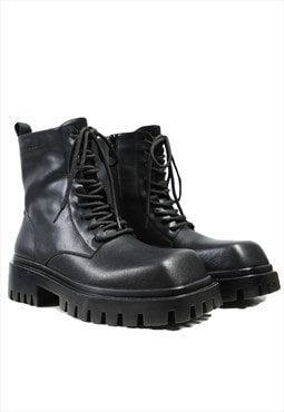 Square toe ankle boots tractor sole punk shoes in black