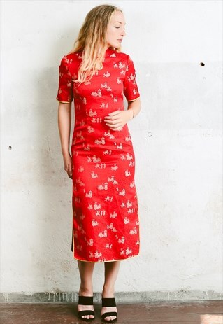 VINTAGE CHINESE CHEONGSAM RED SATIN PENCIL DRESS