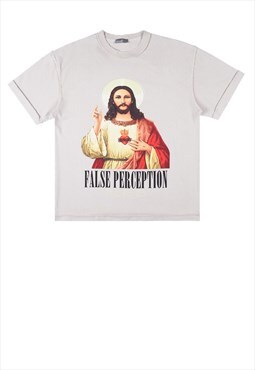 Jesus print t-shirt Y2K god pigeons cross tee in grey