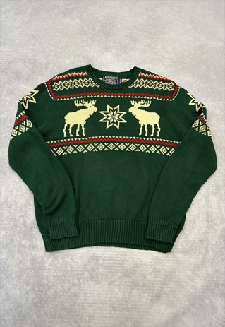 VINTAGE KNITTED JUMPER REINDEER PATTERNED KNIT SWEATER