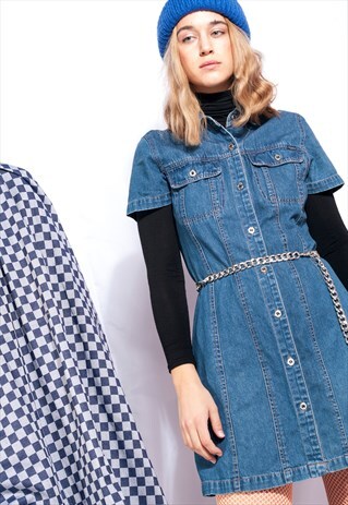 VINTAGE DENIM DRESS 90S BUTTON FRONT GRUNGE SHIRT DRESS