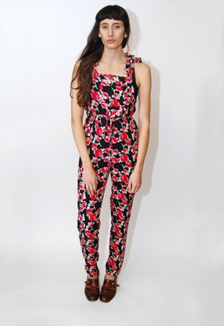FLORAL JUMPSUIT (M) VINTAGE 90S BLACK ROSE PLAYSUIT LONG