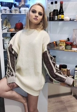 Cable knitwear sweater Y2K stitched sleeve jumper cream