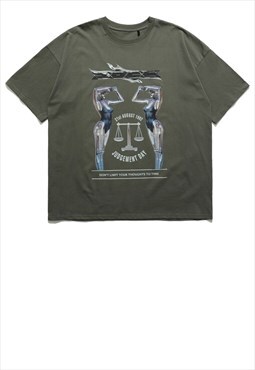Cyber punk t-shirt grunge robot tee retro raver top in grey