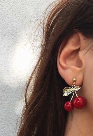 RED CHERRY EARRINGS METALLIC LEAVES
