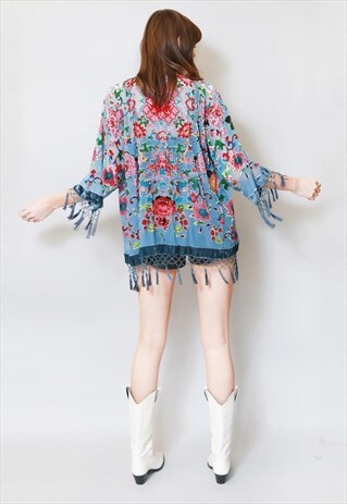 VINTAGE STYLE BLUE SILK VELVET TASSEL FESTIVAL KIMONO