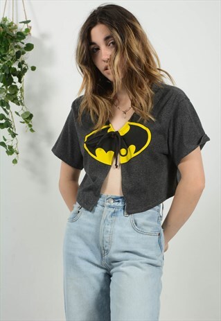 Vintage 90s Cropped Batman Print T-Shirt Grey