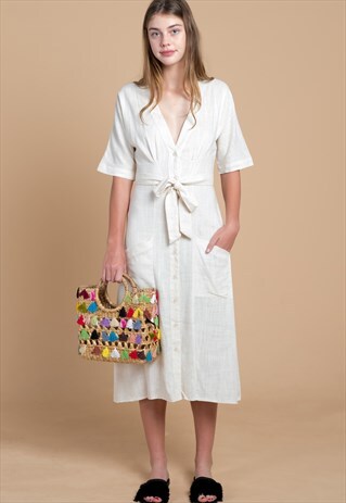 VALERIE LINEN KIMONO MIDI DRESS IN OFF WHITE