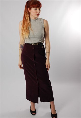 VINTAGE 80S SLIM PURPLE VELVET MAXI BUTTON UP SKIRT