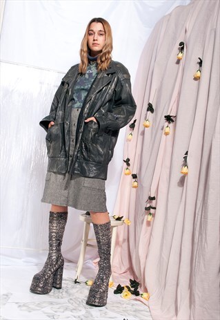 VINTAGE LEATHER JACKET 80S SILVER PATCHWORK COAT