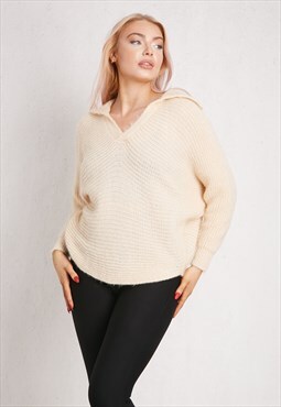 Beige V-Neck Long Sleeve Knitted Jumper ONE SIZE FIT (8 to 1