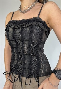 Vintage Y2k Corset Top Bustier Cami Lace Up Frilly Fairy 90s