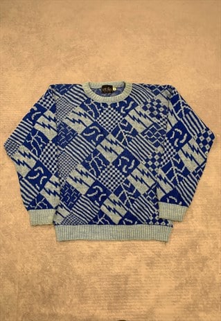 VINTAGE KNITTED JUMPER ABSTRACT PATTERNED GRANDAD SWEATER