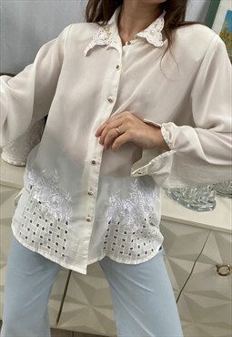 Vintage 80s Luxe Milkmaid embroidered blouse top shirt white