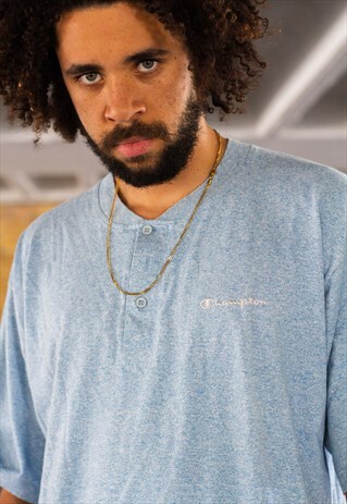 VINTAGE 90'S CHAMPION PRIEST COLLAR T SHIRT IN A PALE BLUE