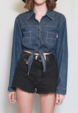 VINTAGE 1990'S ESPIRIT DARK WASH DENIM TIE FRONT CROP TOP