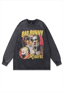 Bunny t-shirt vintage wash rapper long tee hip-hop top grey