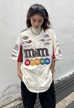 M&M candy shirt multi patch short sleeve blouse in cream