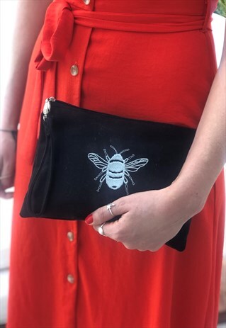 CANVAS CLUTCH BAG IN BLACK WITH SILVER BEE EMBROIDERY