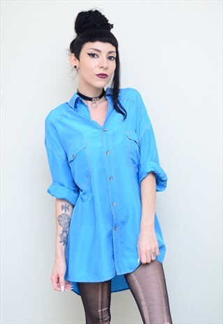 VINTAGE 90'S GENUINE SILK SKY BLUE OVERSIZED SHIRT
