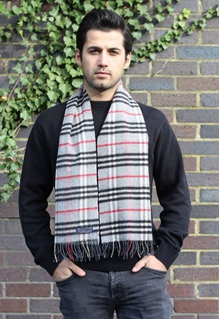 VINTAGE CASHMERE LAMBSWOOL CHECKED SCARF GREY-AS88