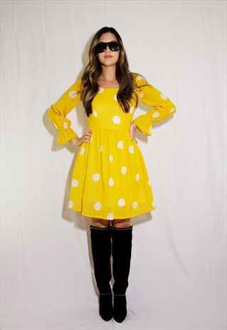 LONG SLEEVE VINTAGE YELLOW POLKA DOT DRESS
