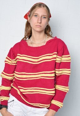 Vintage 80s striped red handmade knit jumper pullover sweate