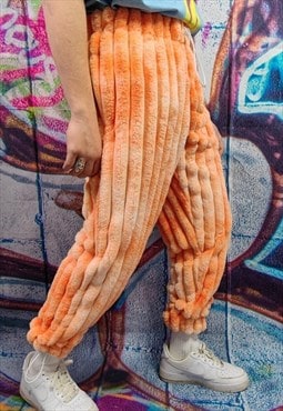 Tie-dye fleece joggers handmade fluffy overalls faded orange