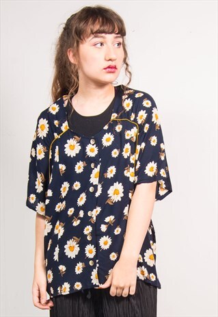VINTAGE 90'S NAVY BLUE DAISY PATTERN COLLARLESS BLOUSE SHIRT