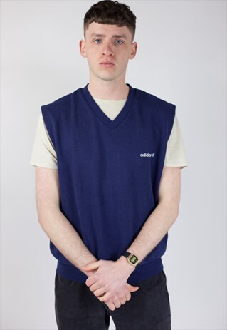 VINTAGE ADIDAS NAVY V-NECK SLEEVELESS JUMPER