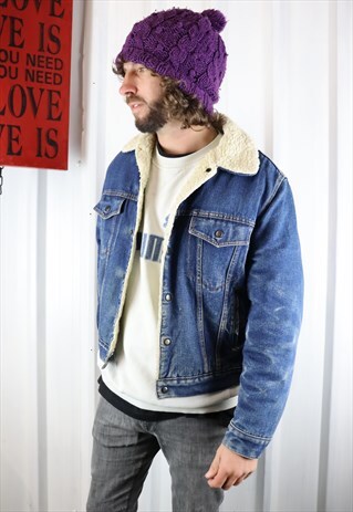 VINTAGE 80'S DENIM BORG LINED HEAVY WINTER JACKET