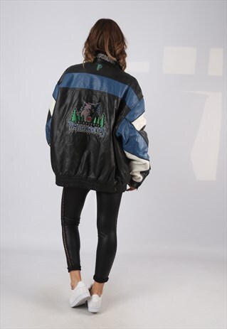 LEATHER BOMBER JACKET NBA TIMBERWOLVES WOLF UK 20 (BV4K)