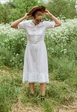 Vintage 70s Midi Short Sleeve White Cotton Tea Dress XS/S