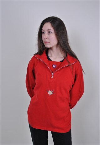VINTAGE FLOWER EMBROIDERY QUARTER ZIP SWEATSHIRT, RED JUMPER