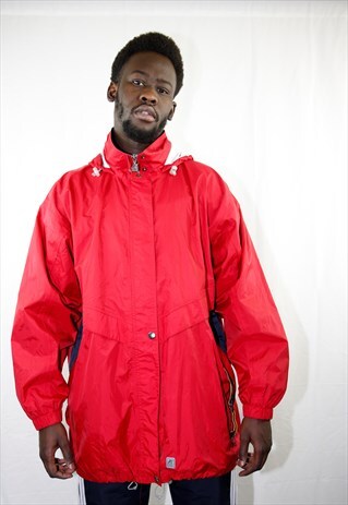VINTAGE BRIGHT RED HOODED K-WAY WINDBREAKER