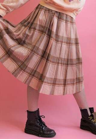 PINK BROWN LONG PLEATED MAXI SCHOOL SKIRT TARTAN GINGHAM