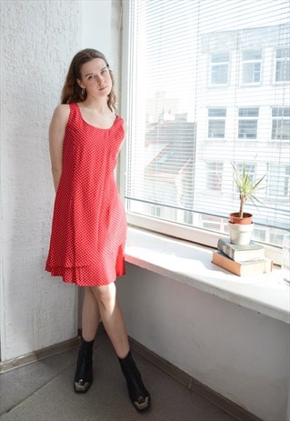 VINTAGE 80'S RED POLKA DOT MIDI SUMMER DRESS