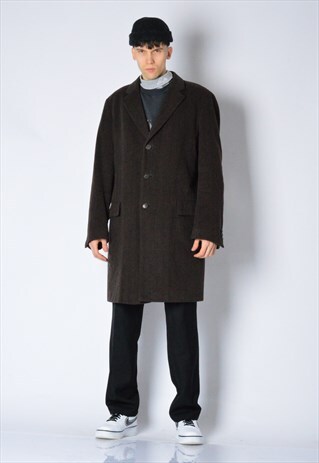 VINTAGE 90S BROWN STRIPED HUGO BOSS WOOL BLEND COAT