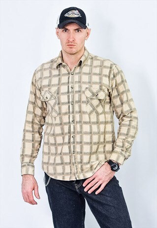 CORDUROY SHIRT BEIGE VINTAGE CHECKERED COTTON DENIM L
