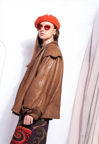 VINTAGE LEATHER JACKET 80S CHUNKY BROWN CROPPED COAT