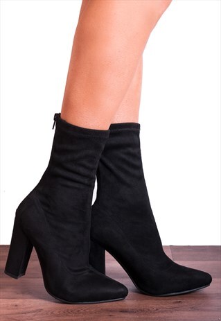 BLACK STRETCH SOCK PULL ON ZIP ANKLE HIGH HEELS BOOTS