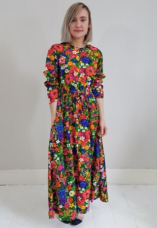 VINTAGE 70'S BOLD FLORAL DRAWSTRING MAXI DRESS
