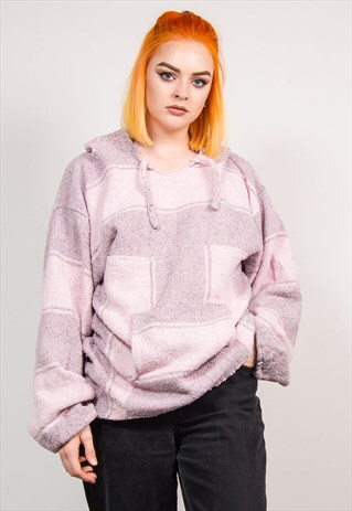 VINTAGE 90'S PINK STRIPED FESTIVAL GRUNGE BAJA HOODIE JUMPER