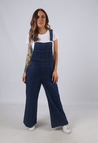 VINTAGE DENIM DUNGAREES WIDE FLARED LEG UK 12 M (CW5C)