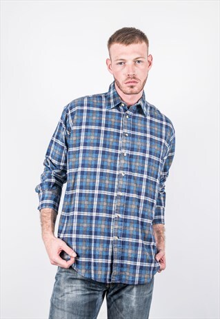 VINTAGE BLUE AND GREY CHECKED FLANNEL SHIRT