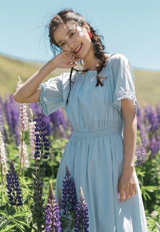MIDI DRESS SHORT-SLEEVED WAIST DRESS BLUE SUMMER DRESS