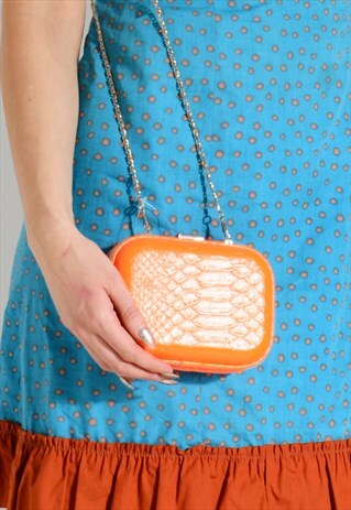 BRIGHT ORANGE CROC CLUTCH 1960S VINTAGE STYLE HANDBAG