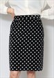 80'S VINTAGE SKIRT BLACK VELVET WHITE POLKA DOT PENCIL 